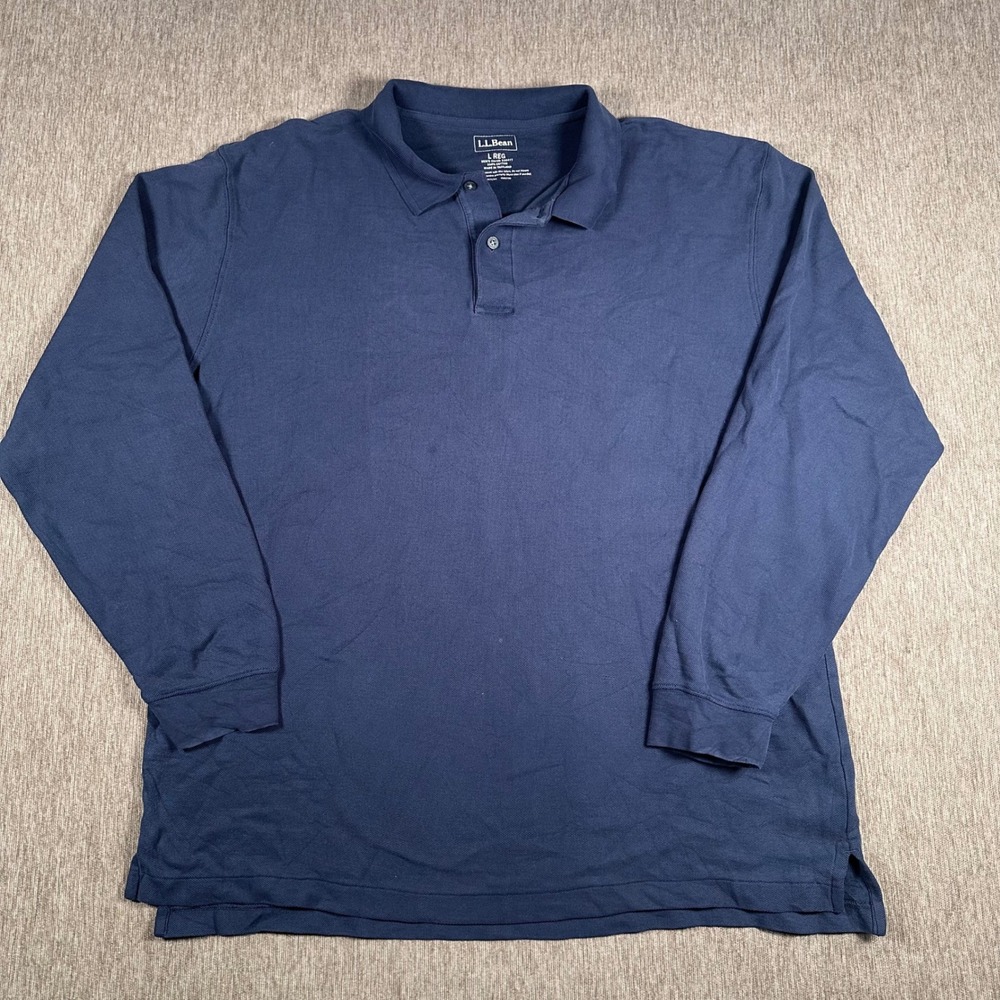 LL Bean Mens Long Sleeve Polo Shirt Navy Blue Cotton Pique Large 236477